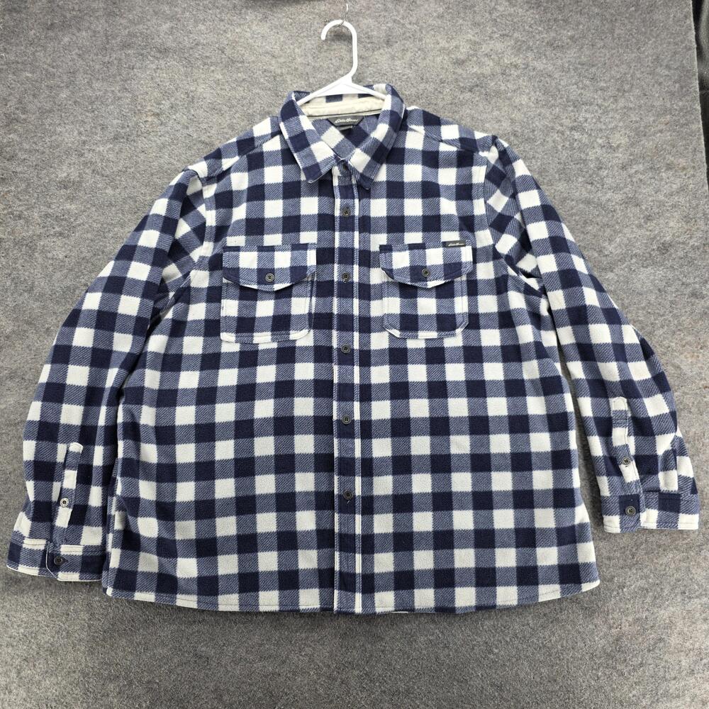 Eddie Bauer Jacket Mens 2XL Blue Plaid Fleece Button Front Shirt Shacket Outdoor
